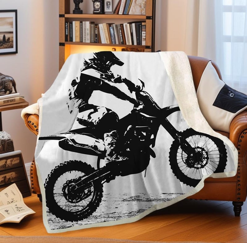 SHOMPE Dirt Bike Throw Blanket Motocross Racer Extreme Sports Printed Soft 3D Cool Plush Sherpa Kids Men Boys Girls Fleece Blankets 50"x 60" - Image 1